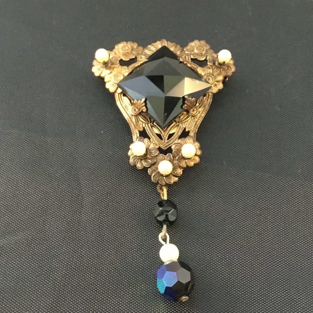 Vintage Pin Brooch Jet Pearls Gold Tone 3" long - Picture 2 of 7